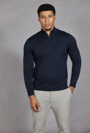 Mens half zip jumper navy slim fit funnel neck front